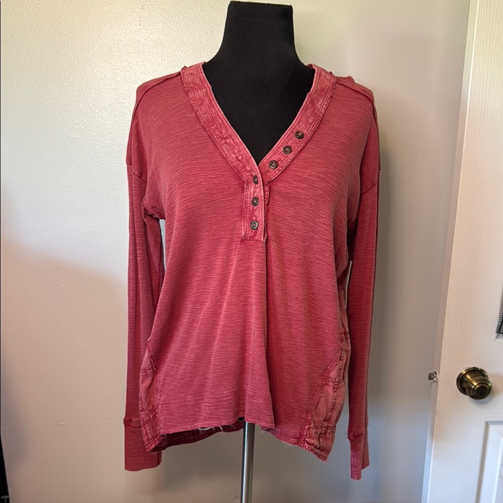 Anthropologie Red Long Sleeve Buttoned Blouse